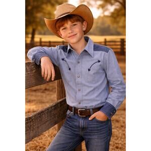 True Vintage Western wear denim chambray pearl snap long sleeve shirt Boys 10